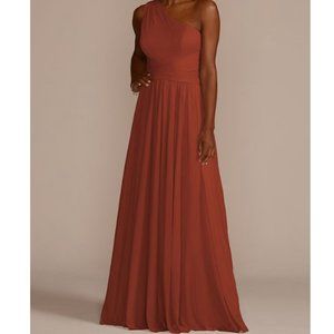 One-Shoulder Mesh Bridesmaids Dress with Full Skirt --Cinnamon Color